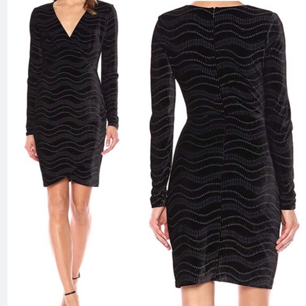 Guess Sparkly Velvet Dress Black V Bodycon Shimmer Mini Cocktail Velour XS S 2